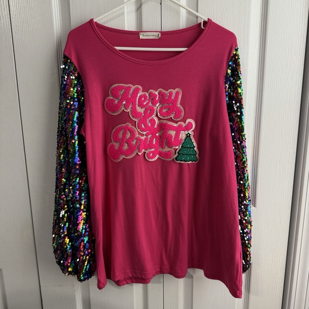 Southern Stitch Merry & Bright Sequins Long Sleeve Top Women's Size Medium